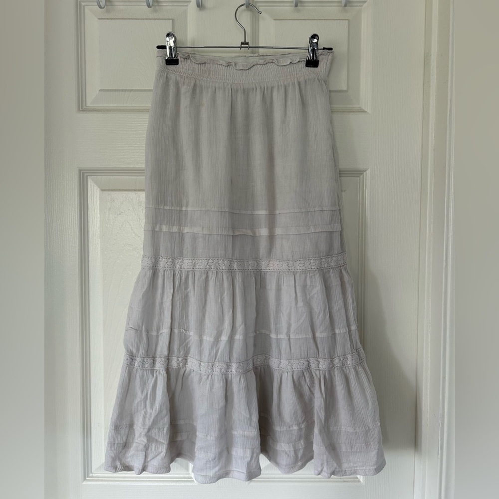 White Tiered Embroidered Midi Skirt